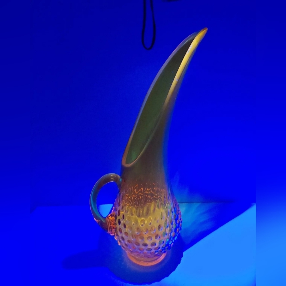 Swung Stretch Glass Hobnail Pitcher Vase Yellow UV Reactive MCM 13.5 in
